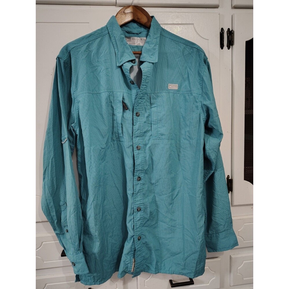 Drake Waterfowl Systems Long Sleeve Shirt Men Medium Vented Button Fishing Blue